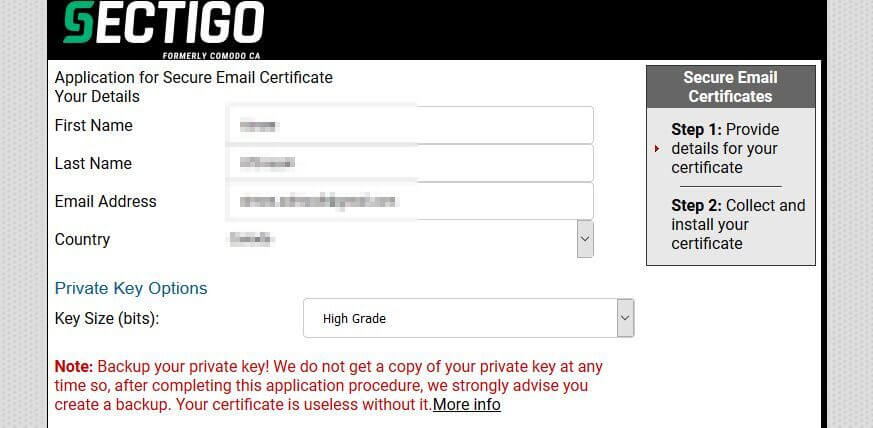 Email encryption Sectigo application.