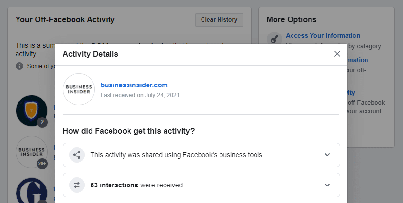 Facebook activity details