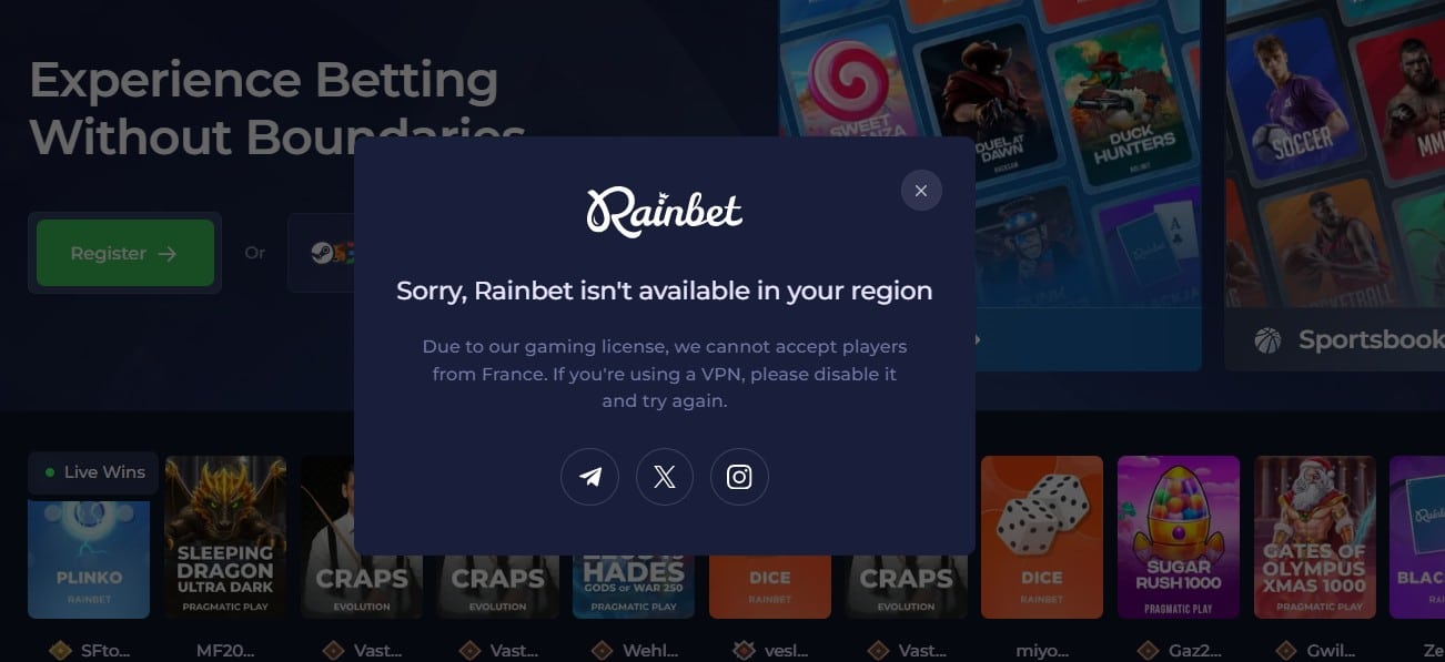 Rainbet isn't available in your region screenshot
