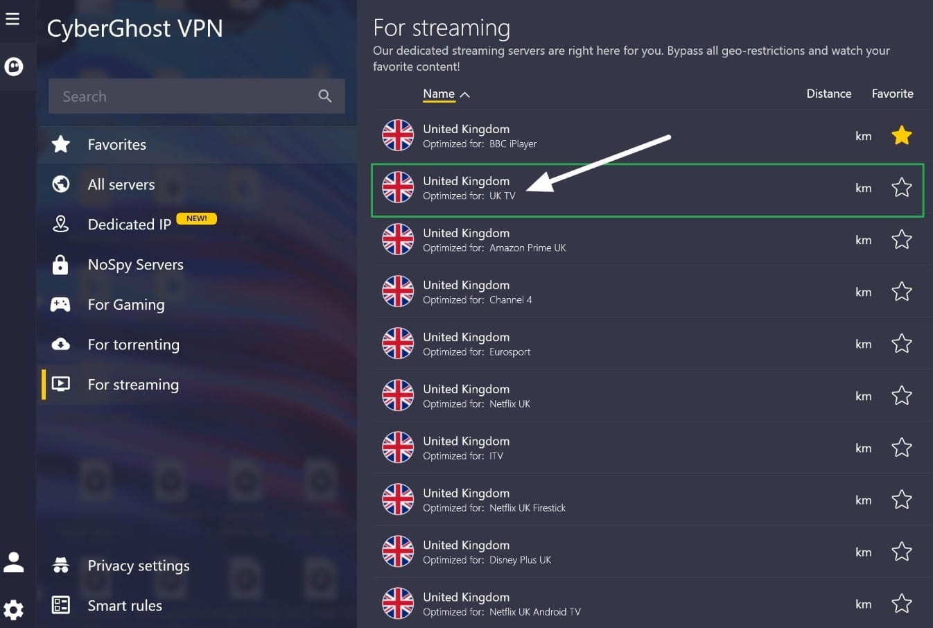 Cyberghost streaming servers screenshot