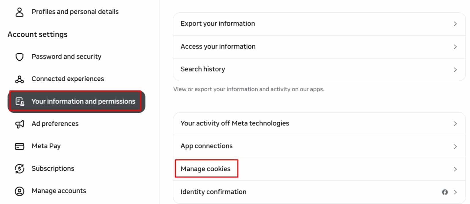 Meta manage cookies