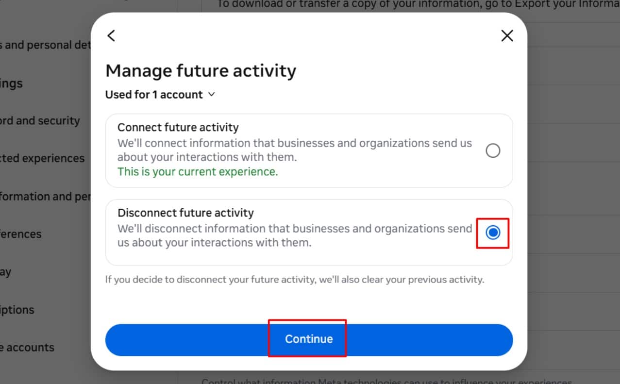 Meta manage future activity