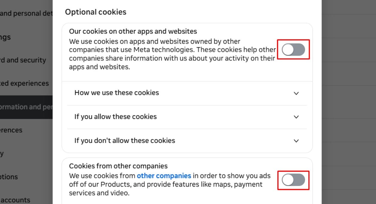 meta optional cookies